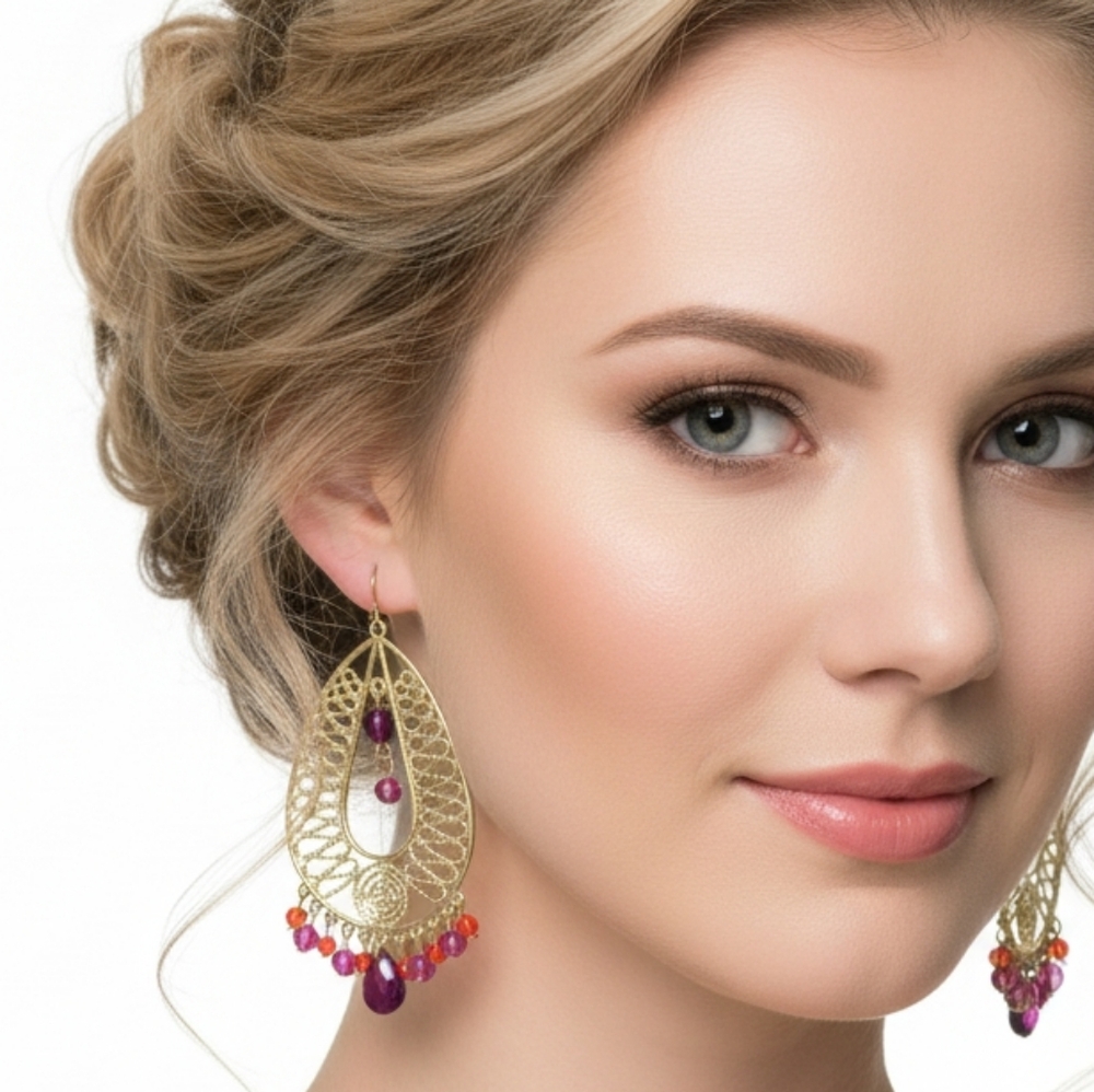 Gold Tone Filigree Teardrop Beaded Boho Statement Earrings NEW